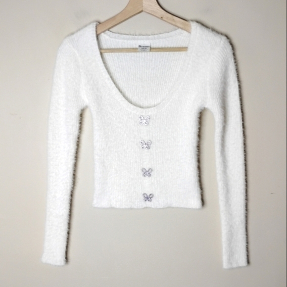 No Boundaries Butterfly Sweater XXS Rhinestone Fuzzy Coquette Y2K Soft Knit - Picture 1 of 8